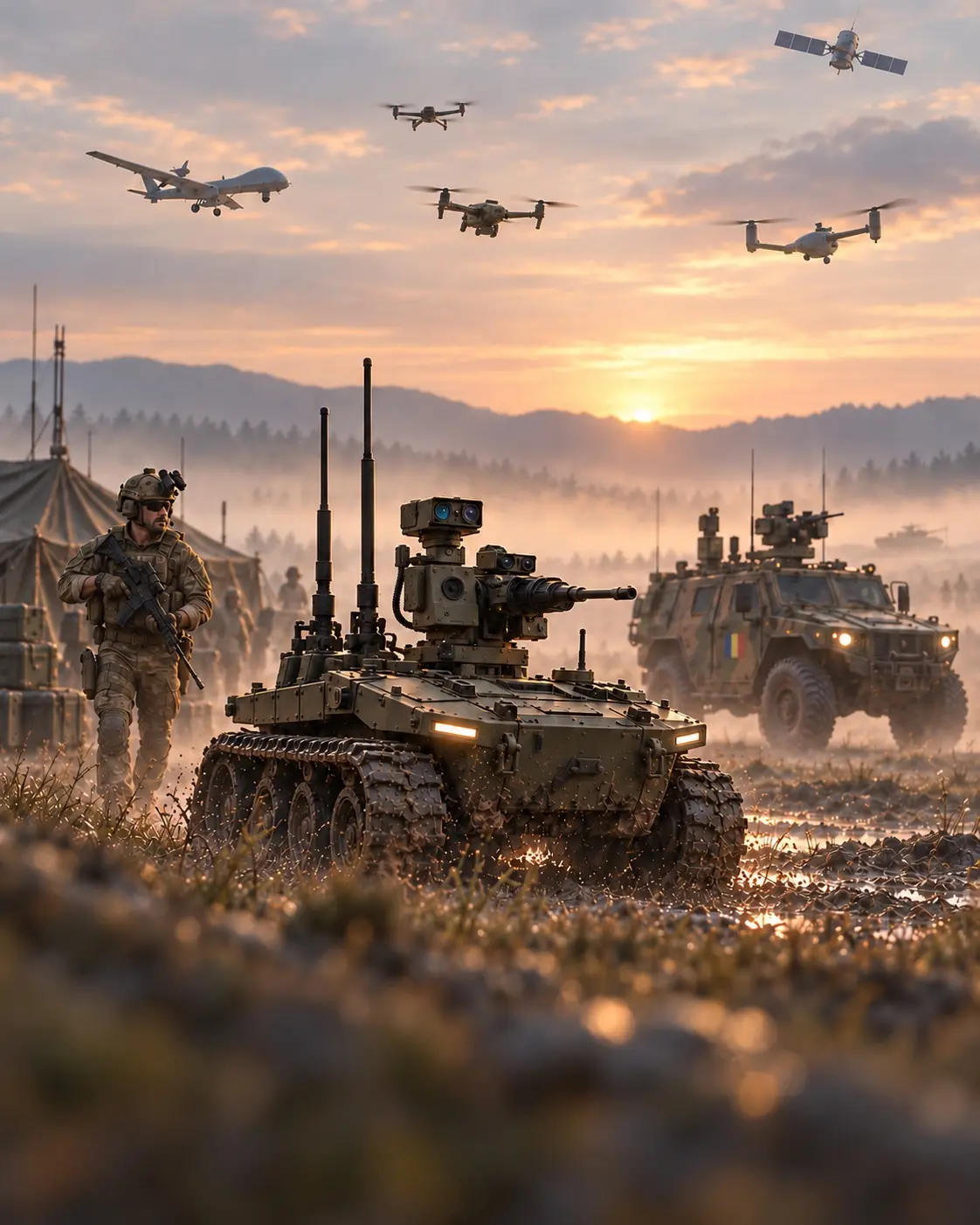 FORTERDEF concept image showing a soldier, an unmanned ground vehicle and aerial systems at dusk